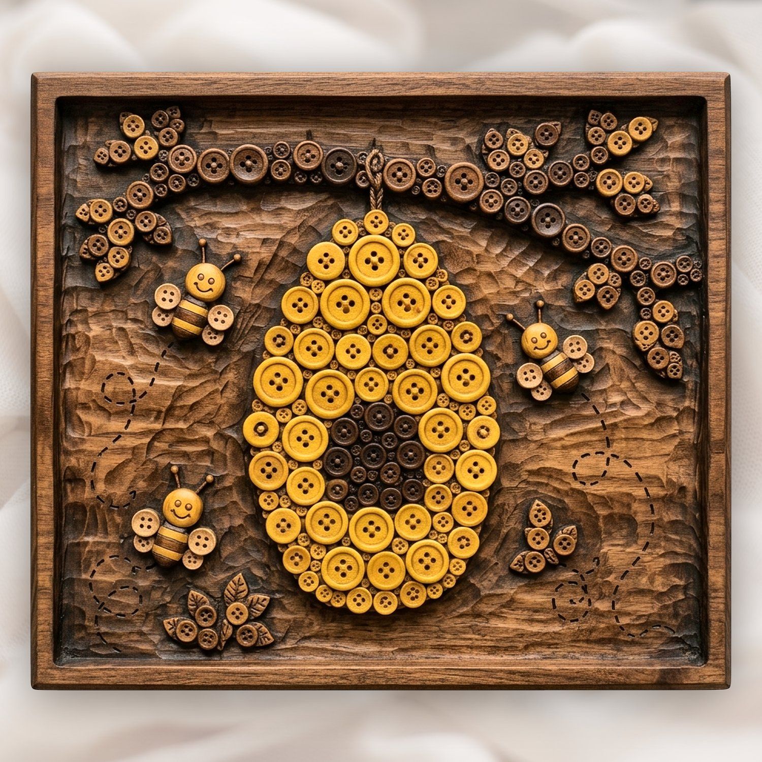 Whimsical Button Beehive and Honey Bee CNC Relief STL | Rustic Garden Wall Art Panel | Nursery Wood Carving Design — carved bas relief STL file for CNC