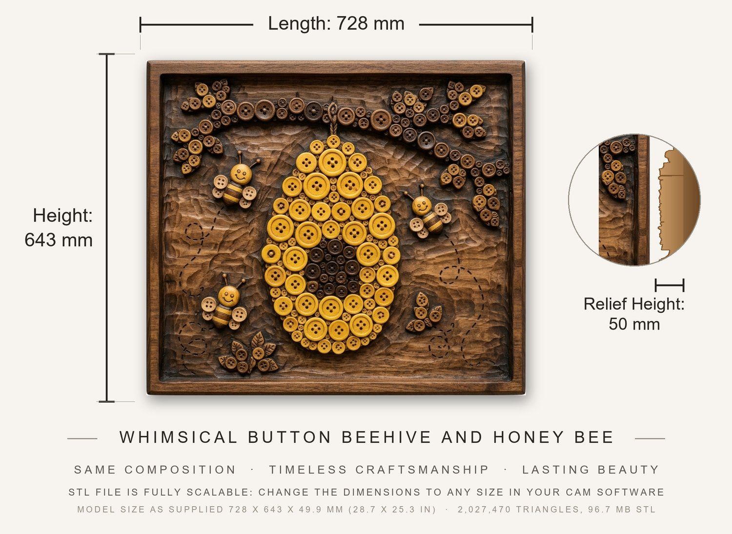 Whimsical Button Beehive and Honey Bee CNC Relief STL bas-relief STL — view 3