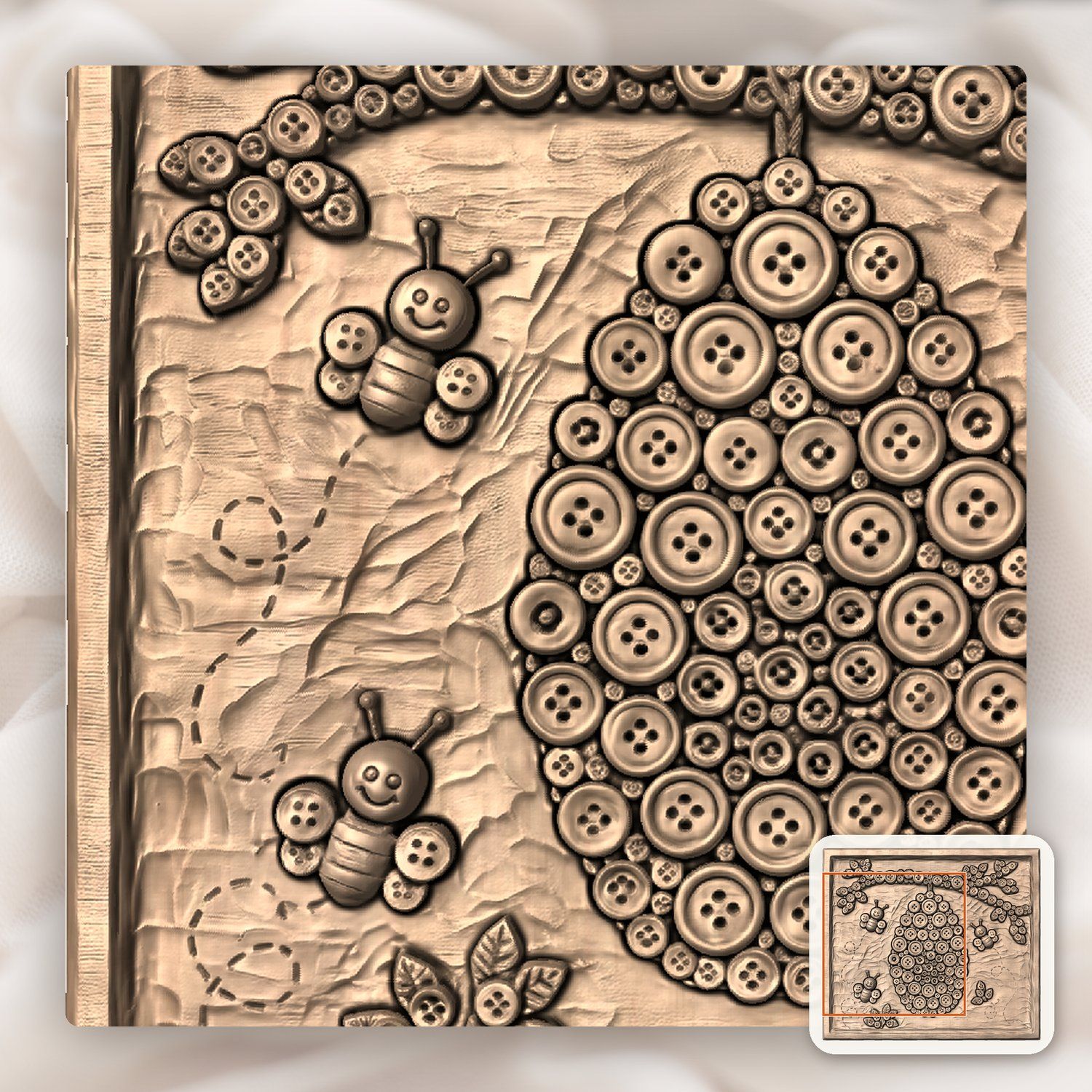 Whimsical Button Beehive and Honey Bee CNC Relief STL bas-relief STL — view 7