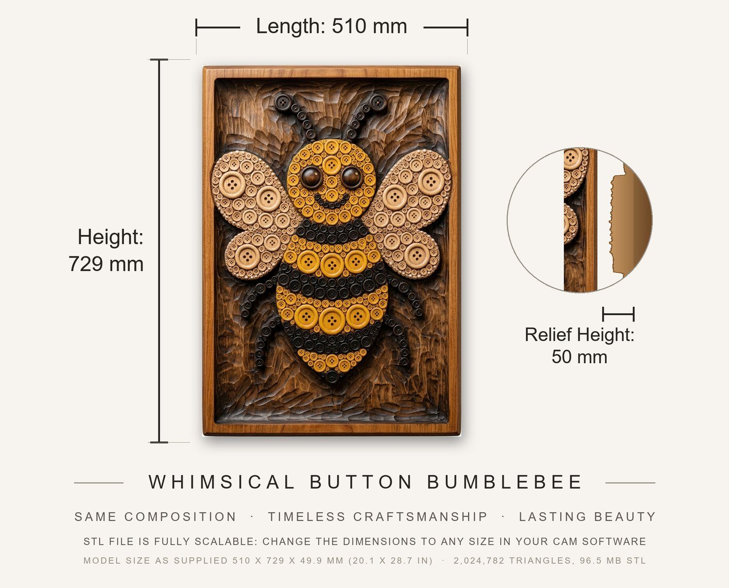 Whimsical Button Bumblebee CNC Relief STL bas-relief STL — view 3