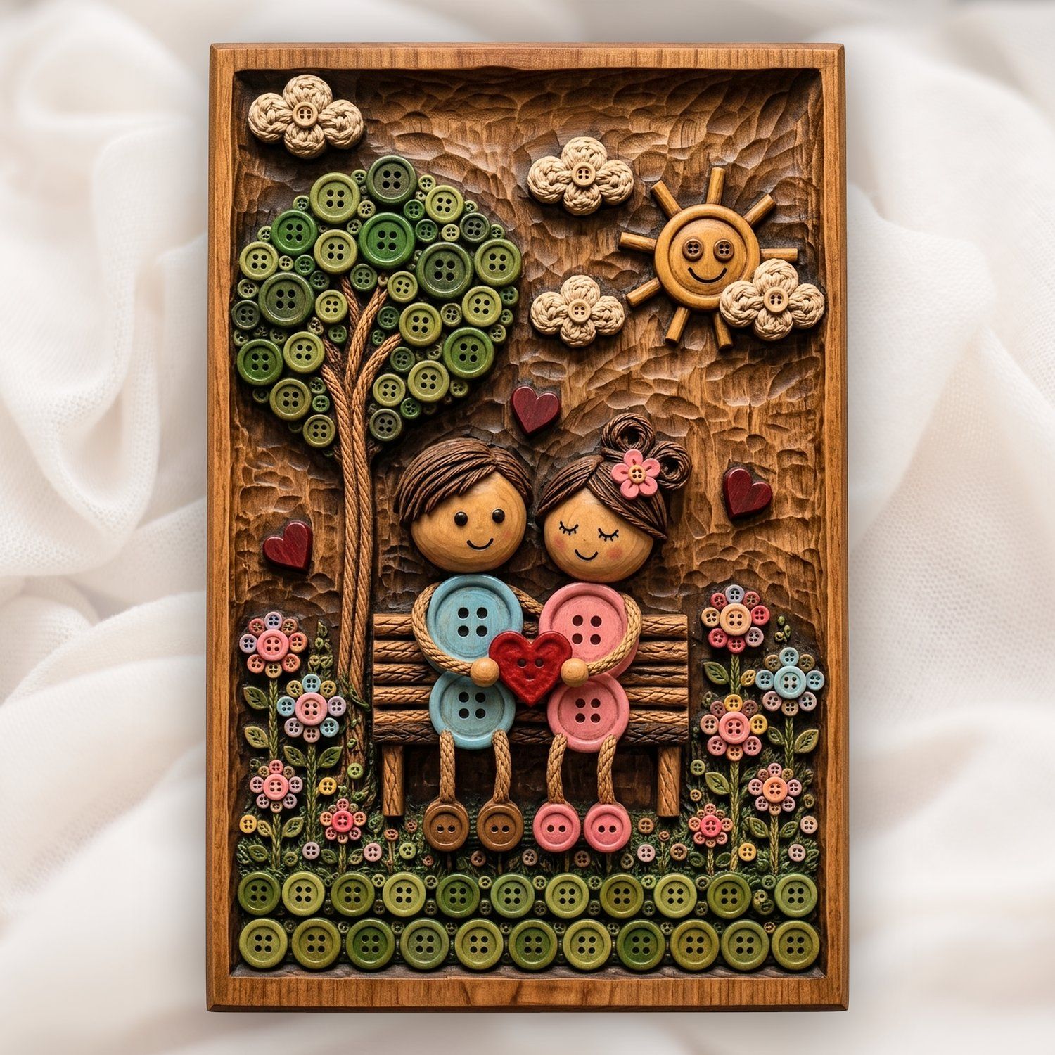 Whimsical Button Couple Love Story CNC Relief STL | Romantic Anniversary Wall Art | Sweetheart Bench Wood Carving Design — carved bas relief STL file for CNC