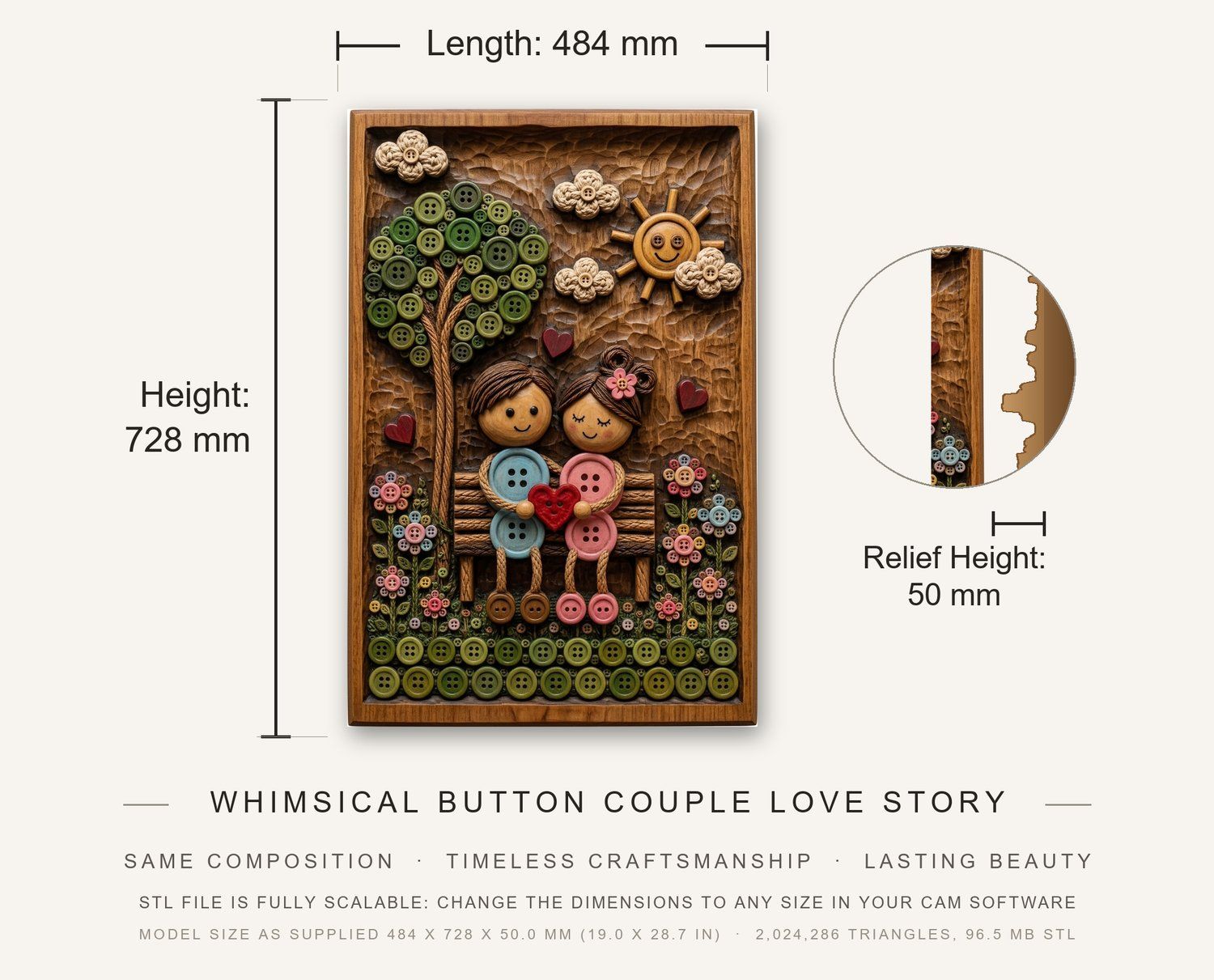 Whimsical Button Couple Love Story CNC Relief STL bas-relief STL — view 3