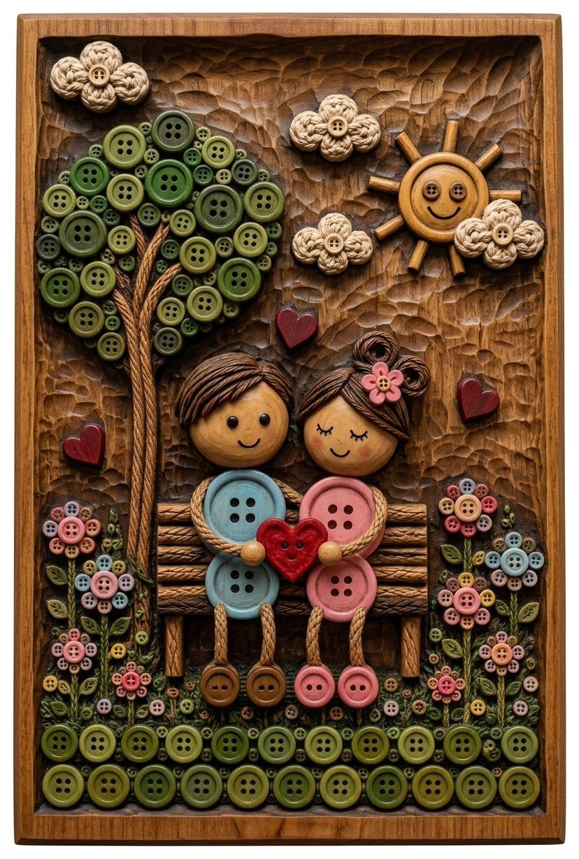 Whimsical Button Couple Love Story CNC Relief STL bas-relief STL — view 14