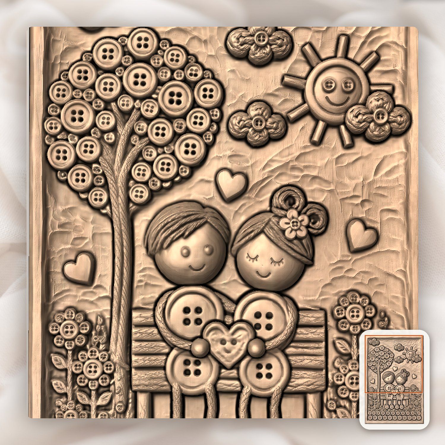 Whimsical Button Couple Love Story CNC Relief STL bas-relief STL — view 6