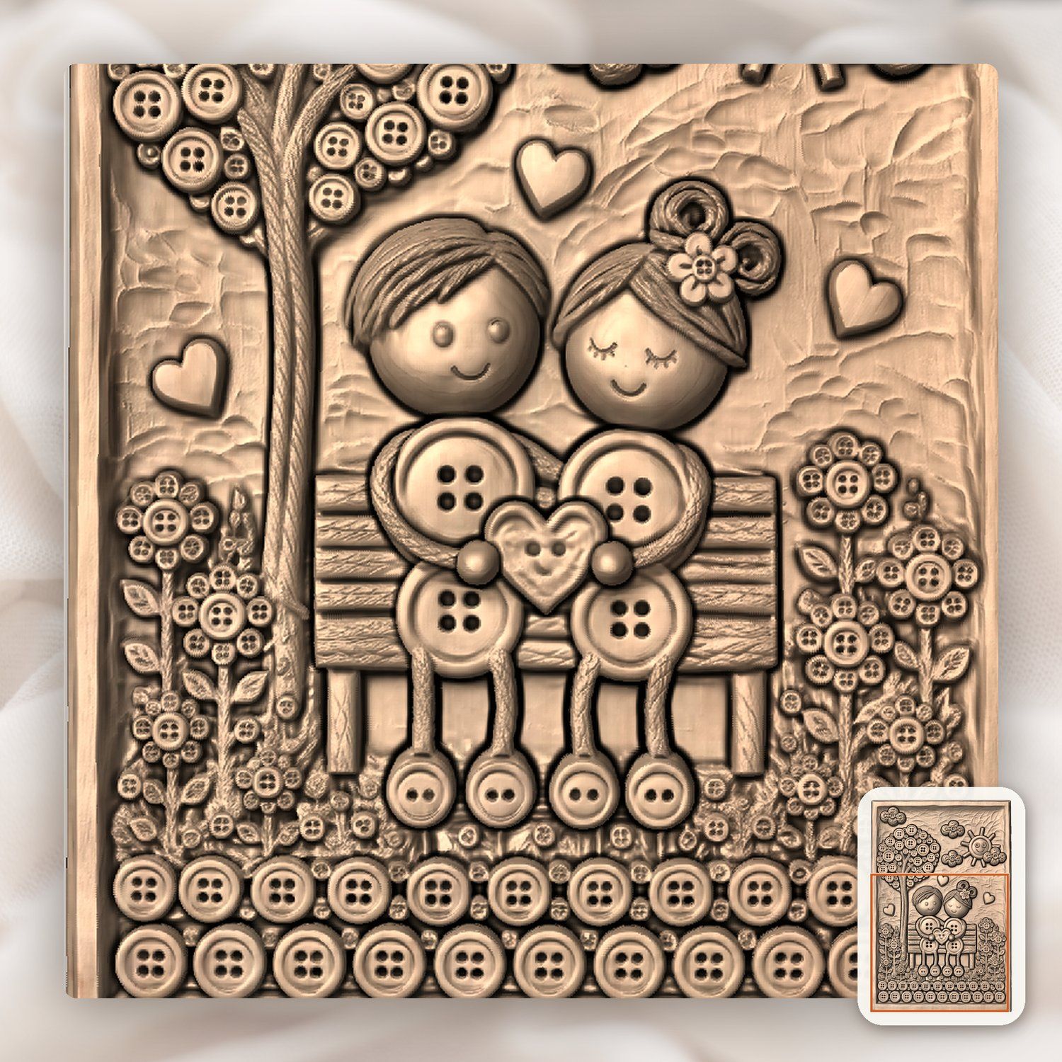 Whimsical Button Couple Love Story CNC Relief STL bas-relief STL — view 7