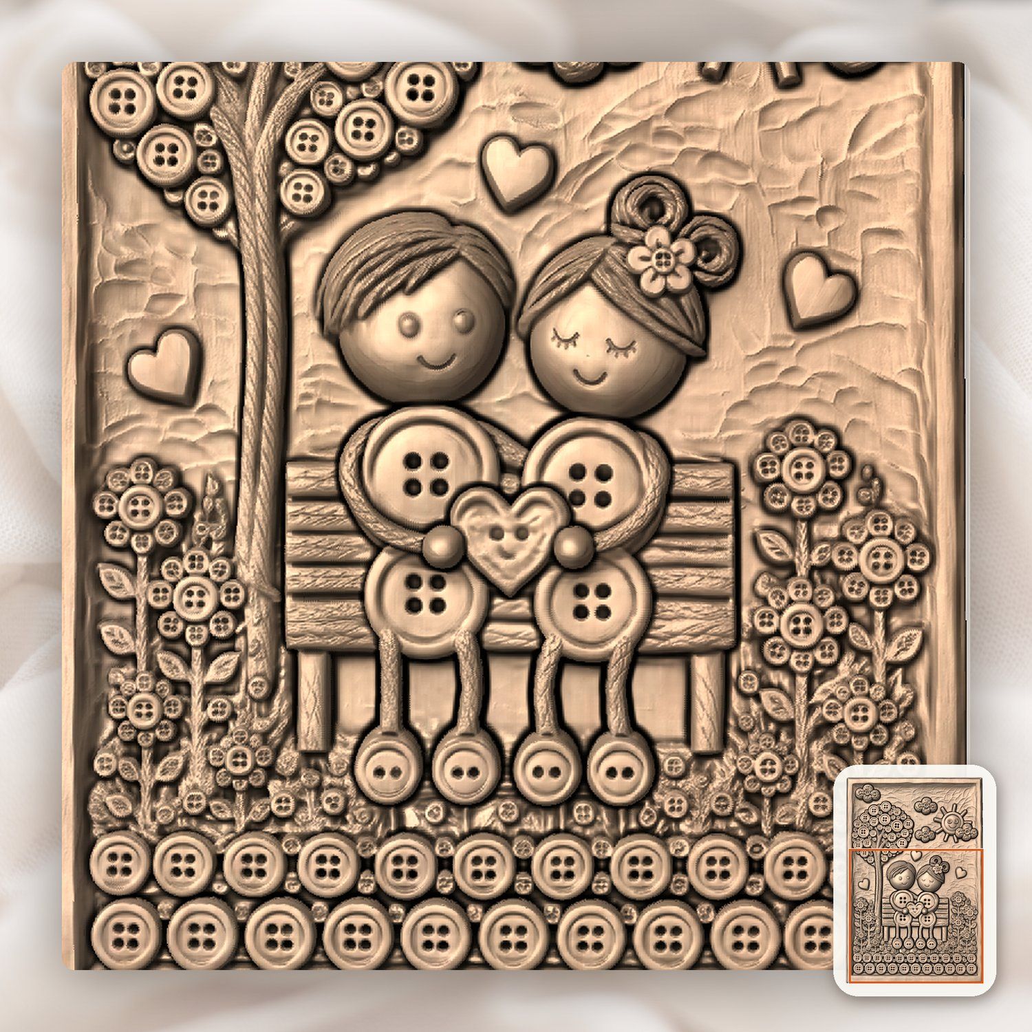 Whimsical Button Couple Love Story CNC Relief STL bas-relief STL — view 8