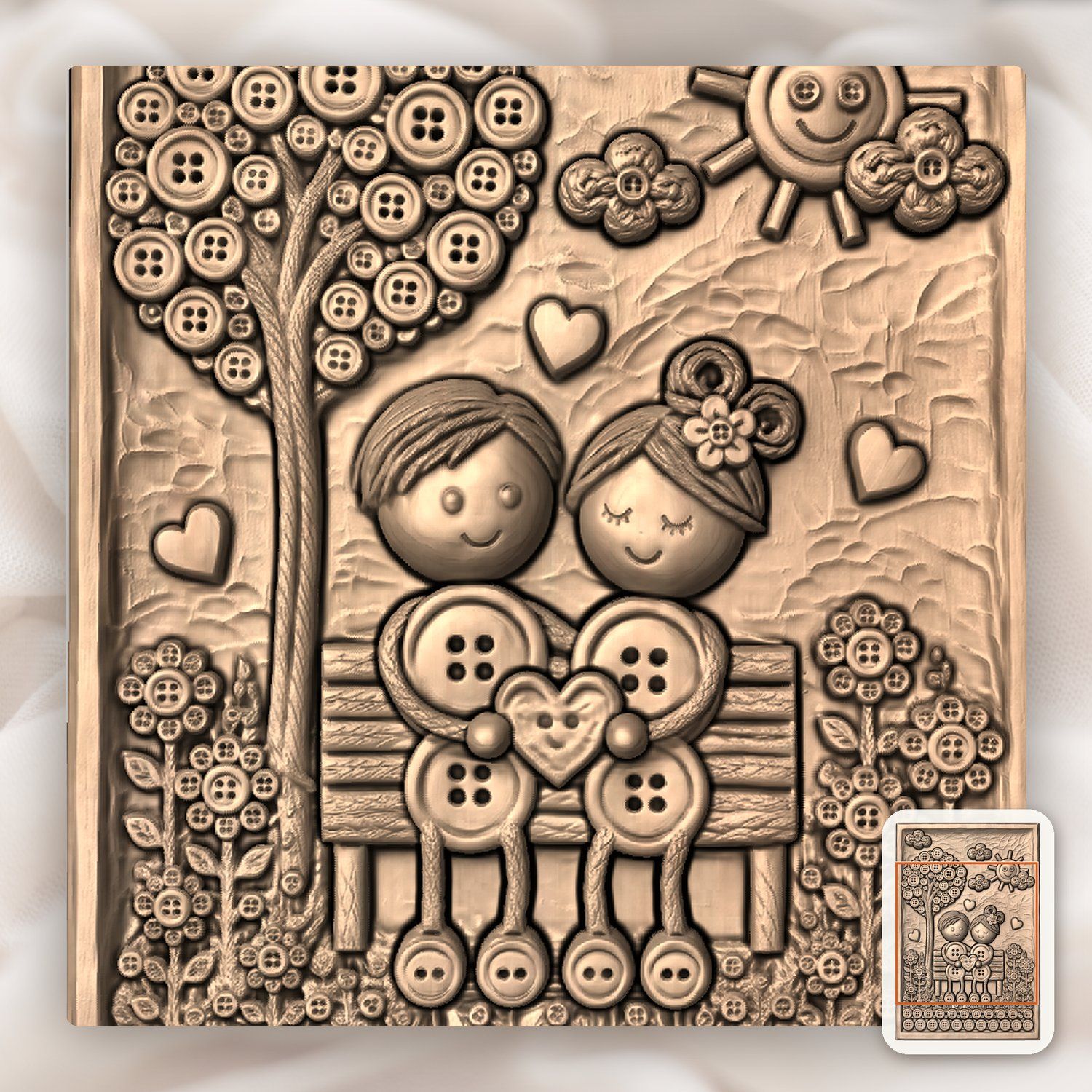 Whimsical Button Couple Love Story CNC Relief STL bas-relief STL — view 9