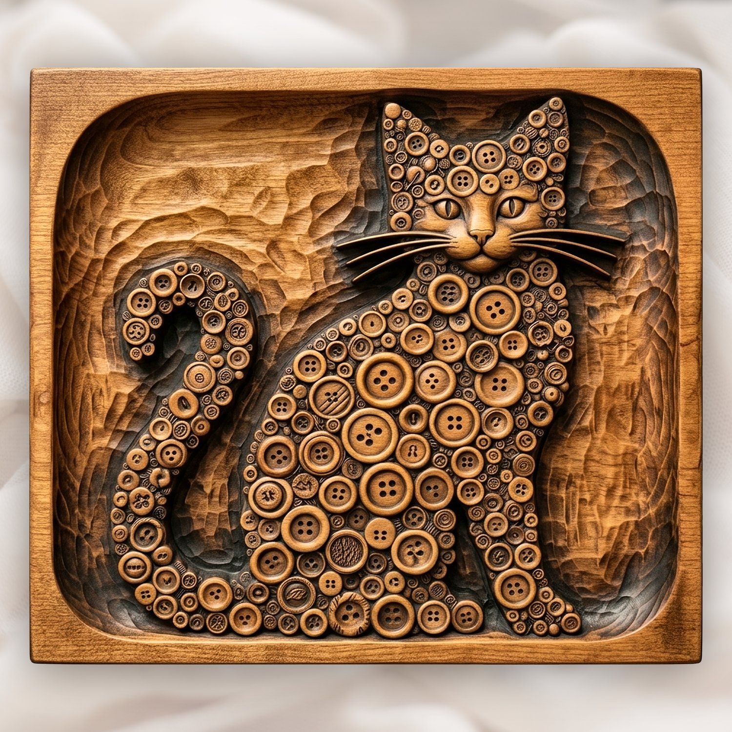 Whimsical Button Mosaic Cat CNC Relief STL | Artisan Feline Wood Carving Design | Boutique Pet Shop Wall Art Panel — carved bas relief STL file for CNC