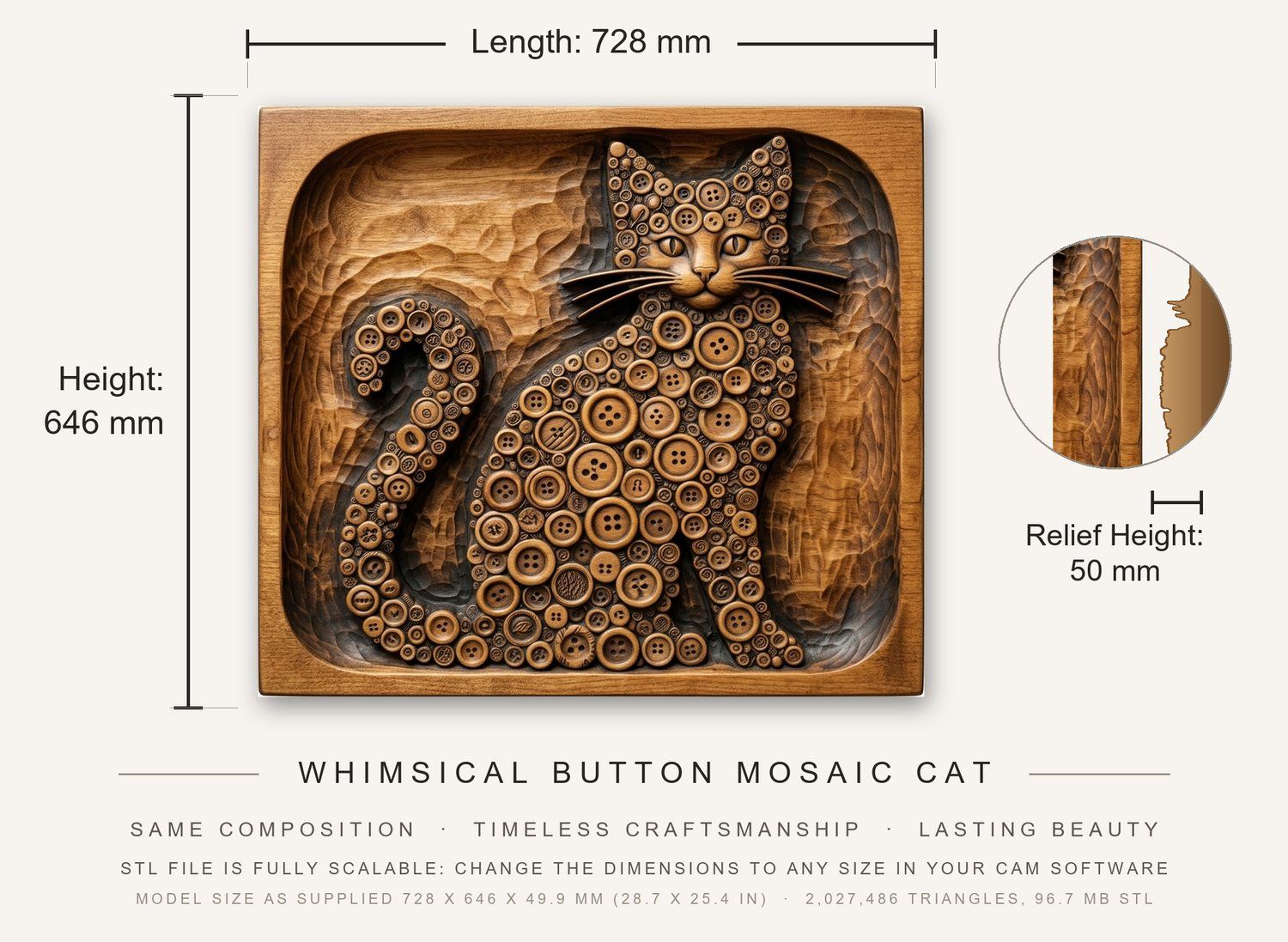 Whimsical Button Mosaic Cat CNC Relief STL bas-relief STL — view 3