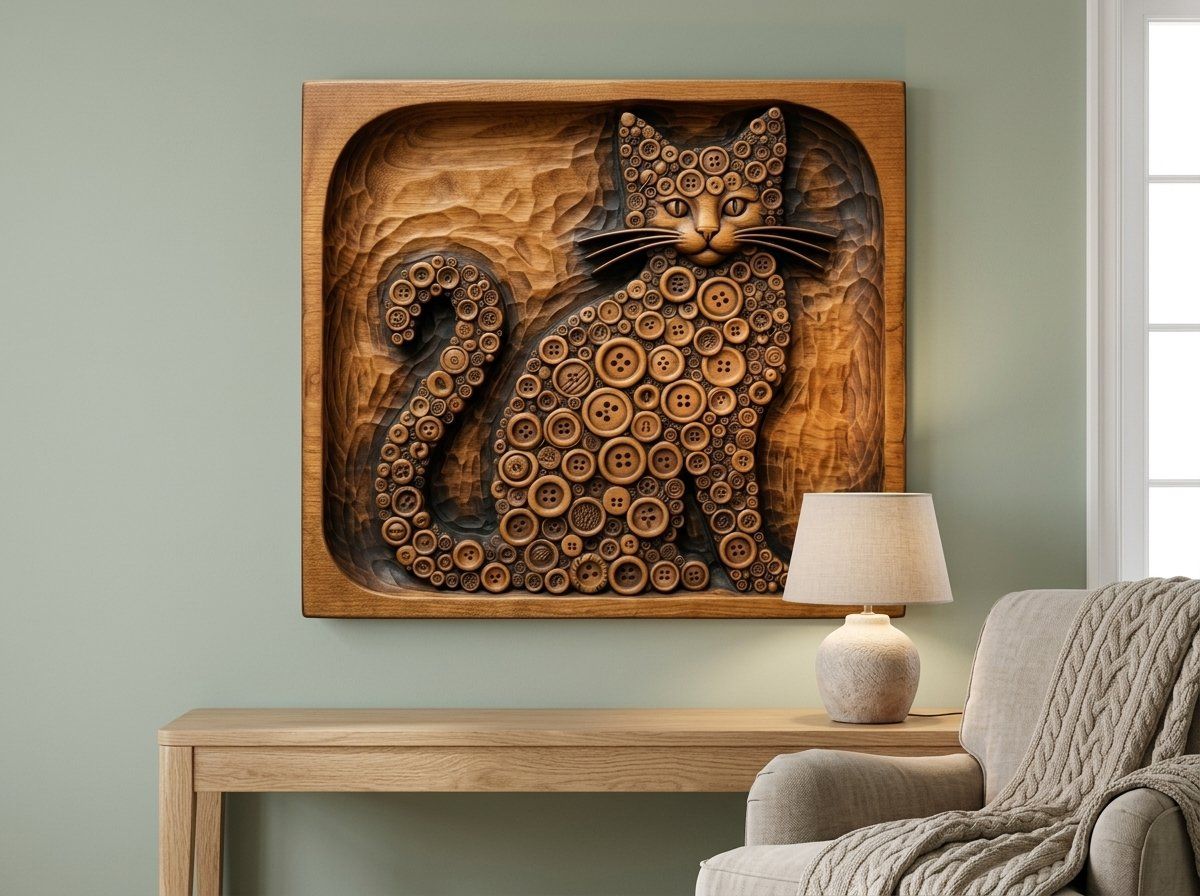 Whimsical Button Mosaic Cat CNC Relief STL bas-relief STL — view 12