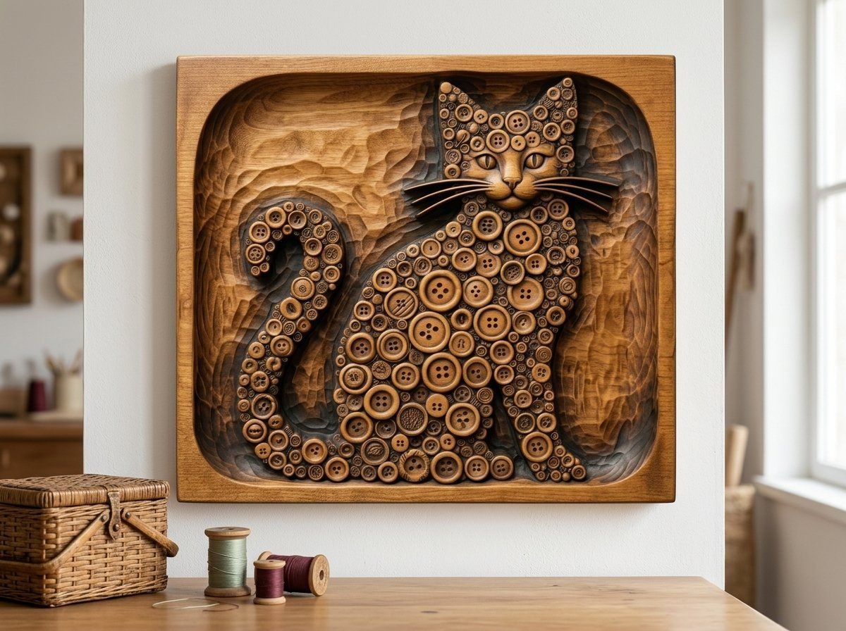 Whimsical Button Mosaic Cat CNC Relief STL bas-relief STL — view 14