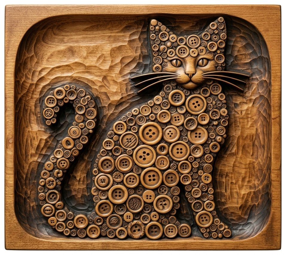 Whimsical Button Mosaic Cat CNC Relief STL bas-relief STL — view 13