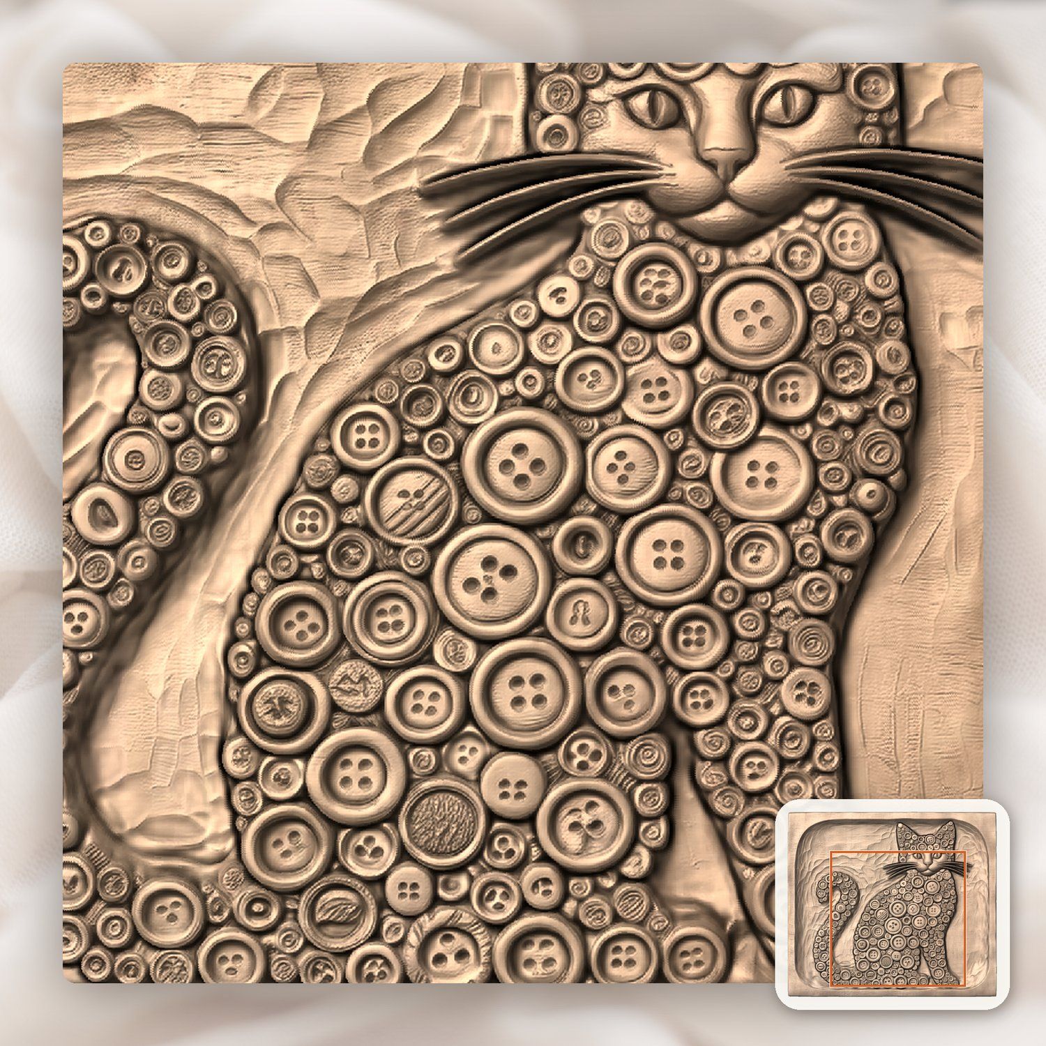 Whimsical Button Mosaic Cat CNC Relief STL bas-relief STL — view 6