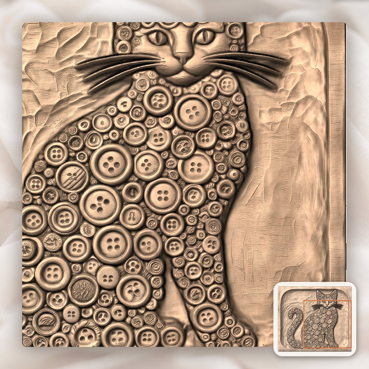 Whimsical Button Mosaic Cat CNC Relief STL bas-relief STL — view 9