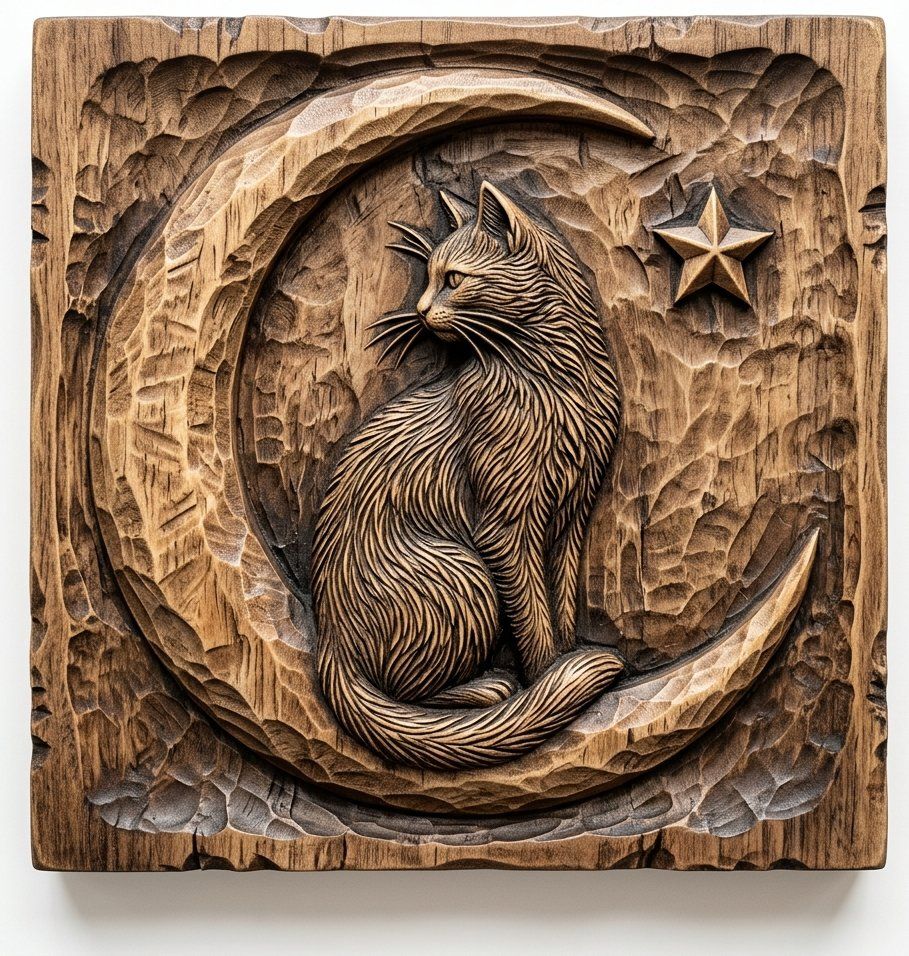 Whimsical Celestial Cat On Moon Relief | Wood Carved Wall Art Panel | Mystical Animal Home Decor | VCarve Pro Aspire CNC Model — carved bas relief STL file for CNC