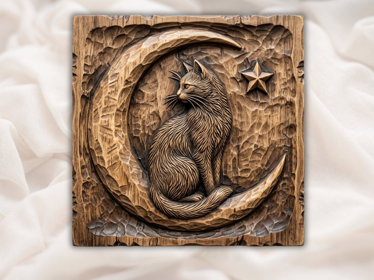 Whimsical Celestial Cat On Moon Relief bas-relief STL — view 2