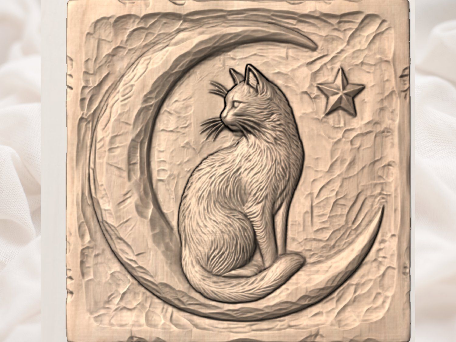 Whimsical Celestial Cat On Moon Relief bas-relief STL — view 3