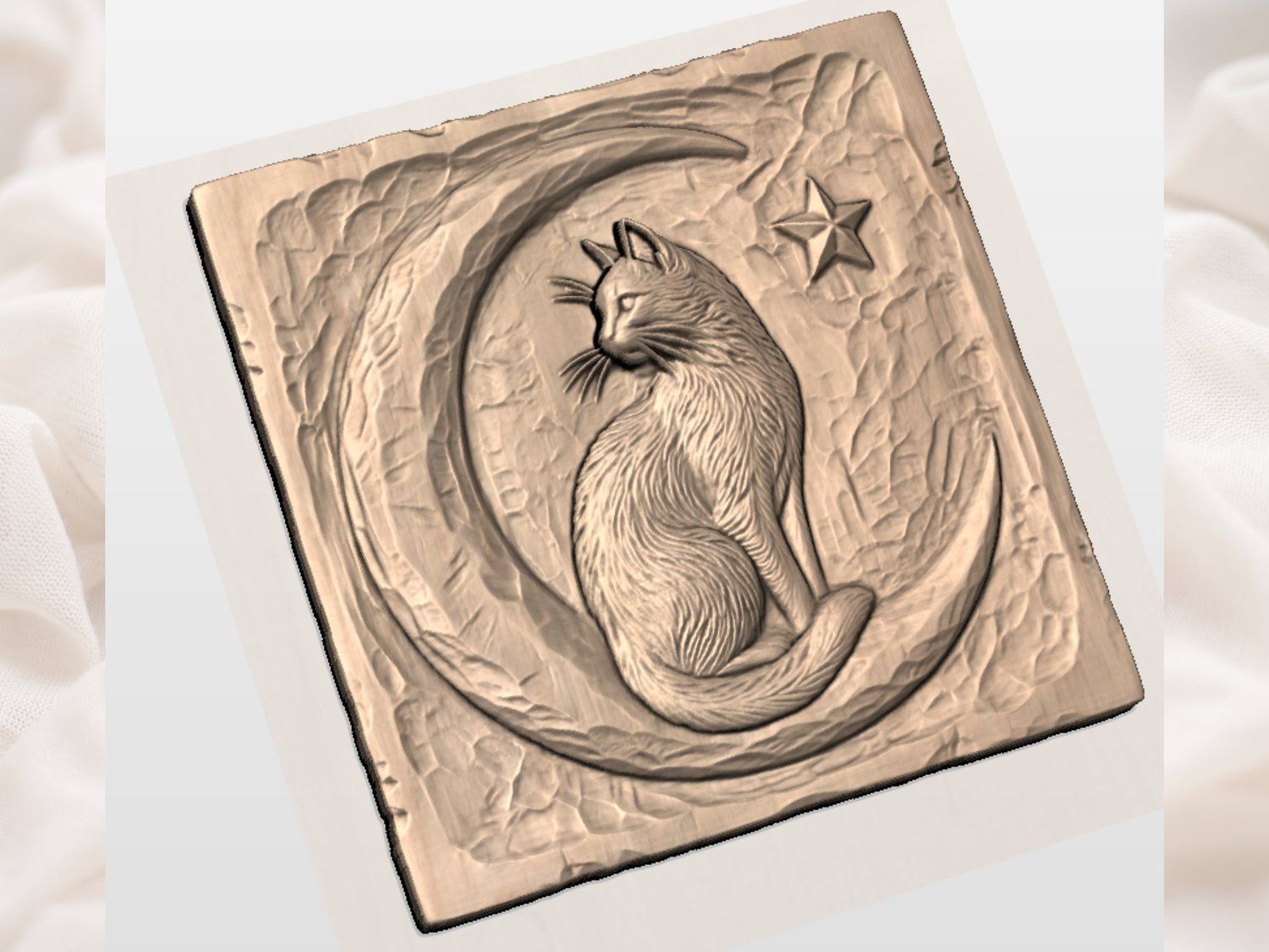 Whimsical Celestial Cat On Moon Relief bas-relief STL — view 4