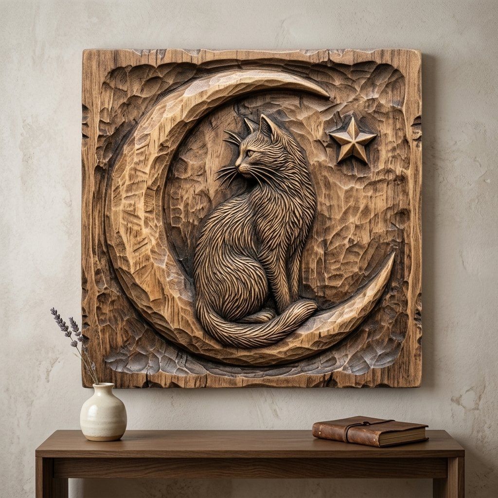 Whimsical Celestial Cat On Moon Relief bas-relief STL — view 6