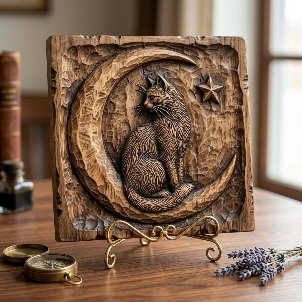 Whimsical Celestial Cat On Moon Relief bas-relief STL — view 7