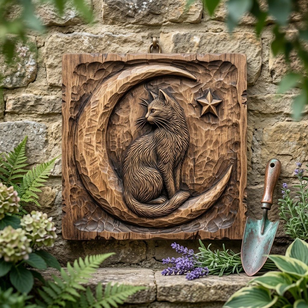 Whimsical Celestial Cat On Moon Relief bas-relief STL — view 8