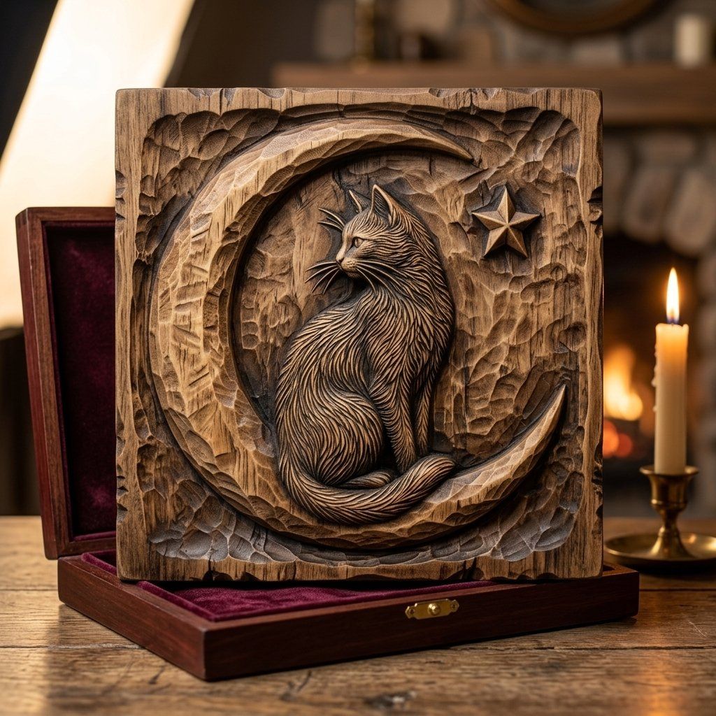 Whimsical Celestial Cat On Moon Relief bas-relief STL — view 9