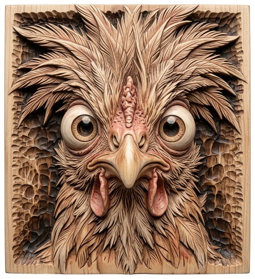 Whimsical Crazy Chicken Portrait CNC Relief STL | Farmhouse Wall Art Panel | Funny Rooster Wood Carving Design — carved bas relief STL file for CNC