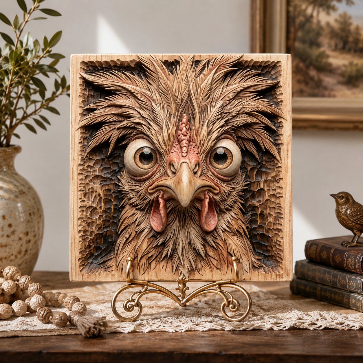 Whimsical Crazy Chicken Portrait CNC Relief STL bas-relief STL — view 7
