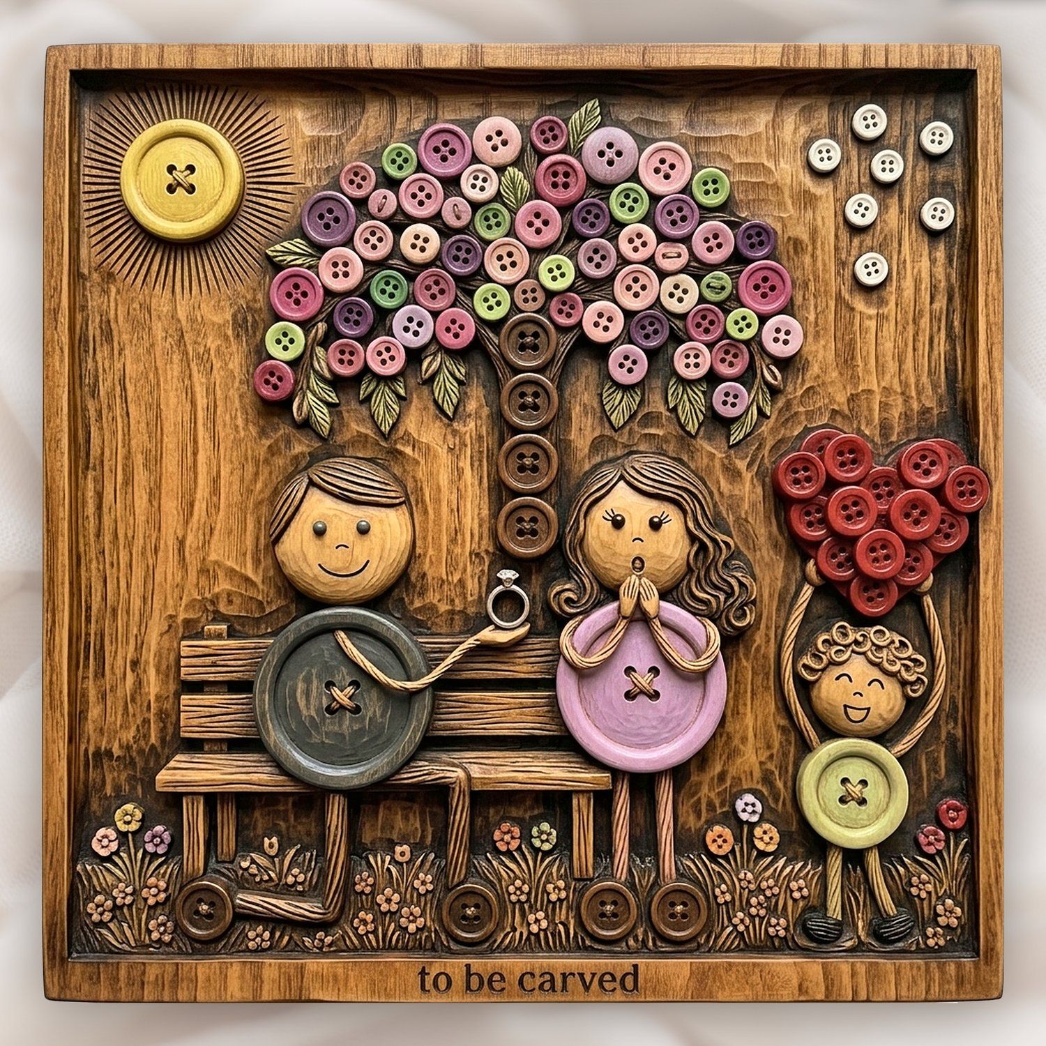 Whimsical Engagement Proposal Scene CNC Relief STL | Romantic Anniversary Wall Art | Button Art Wood Carving — carved bas relief STL file for CNC