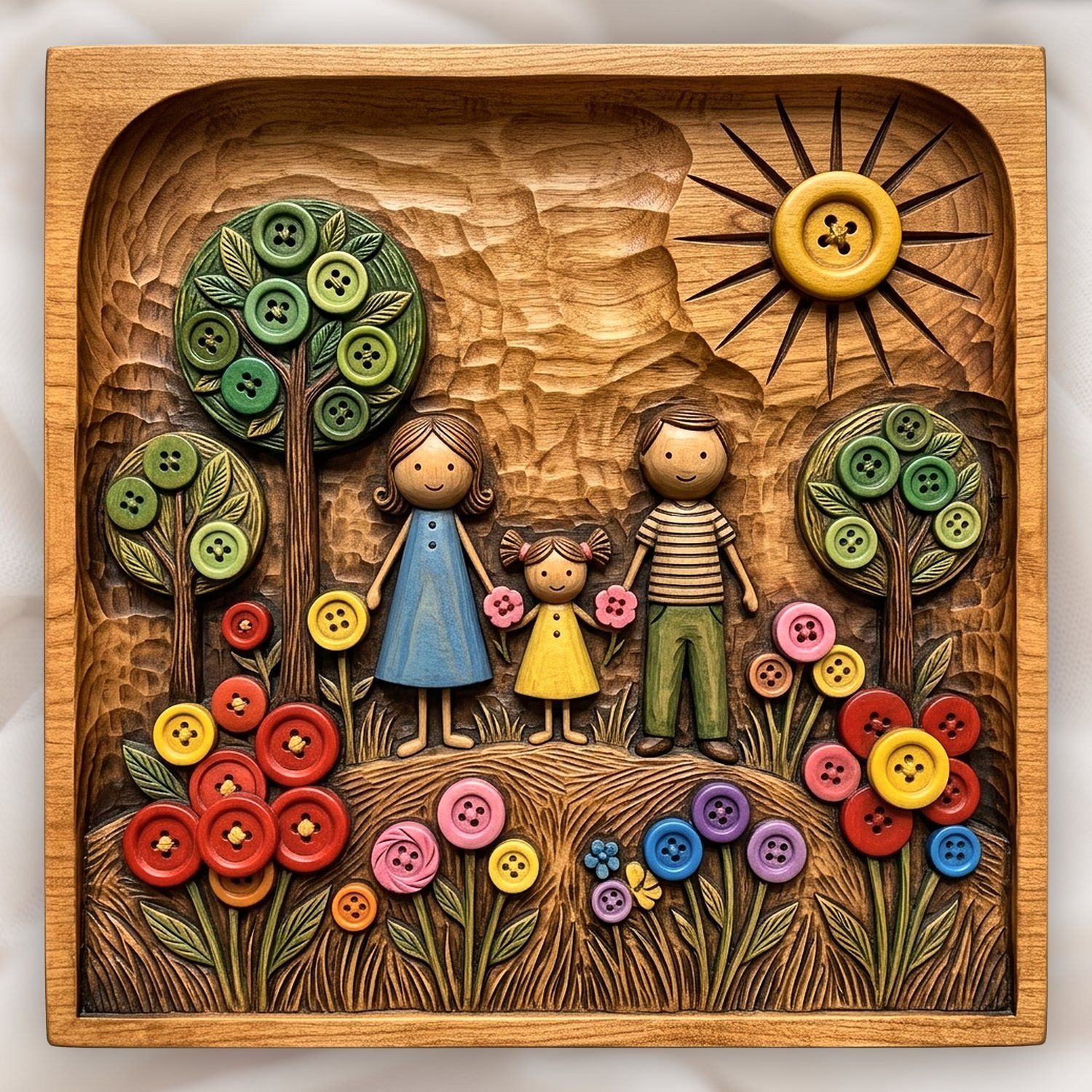 Whimsical Family Button Garden CNC Relief STL | Folk Art Wood Carving | Handcrafted Style Wall Decor — carved bas relief STL file for CNC
