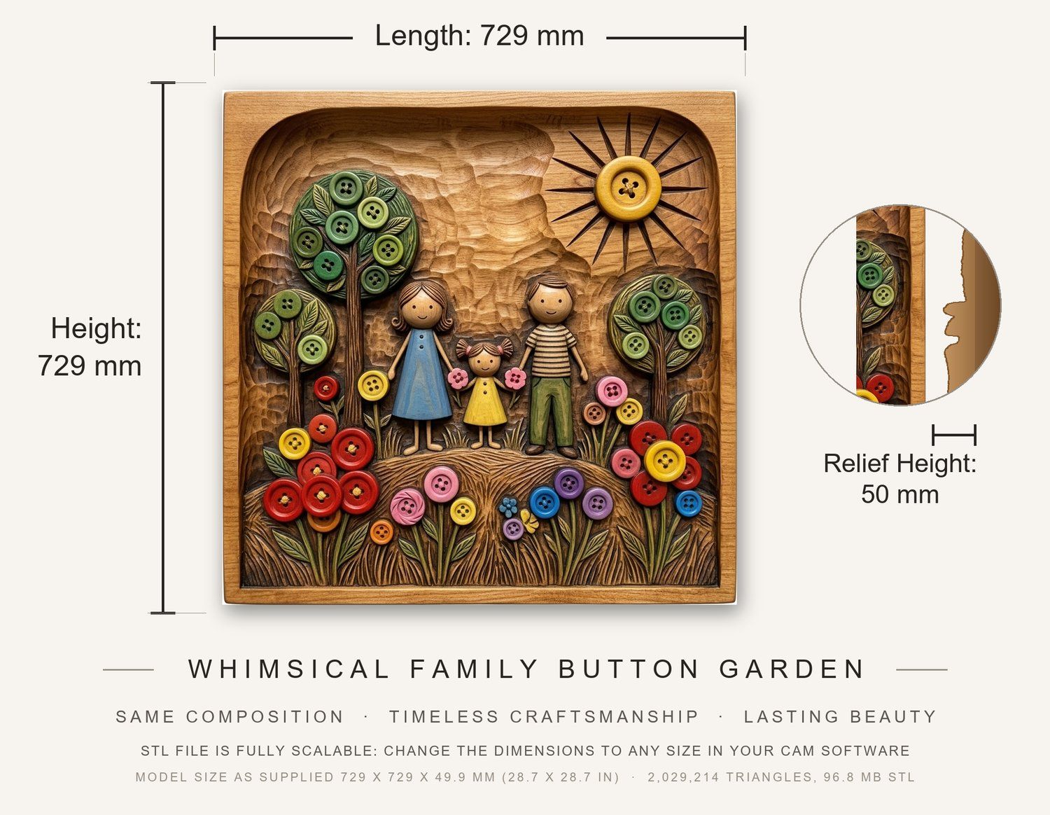 Whimsical Family Button Garden CNC Relief STL bas-relief STL — view 3