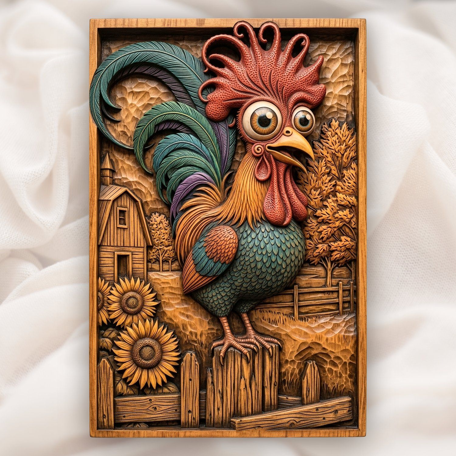 Whimsical Farm Rooster Fence Scene CNC Relief STL bas-relief STL design