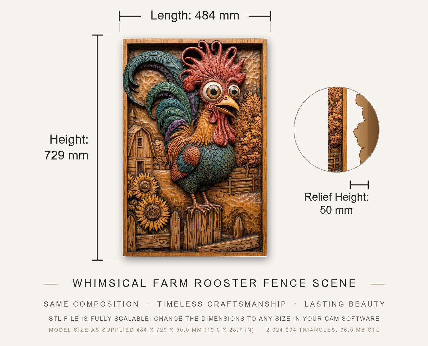 Whimsical Farm Rooster Fence Scene CNC Relief STL bas-relief STL — view 3