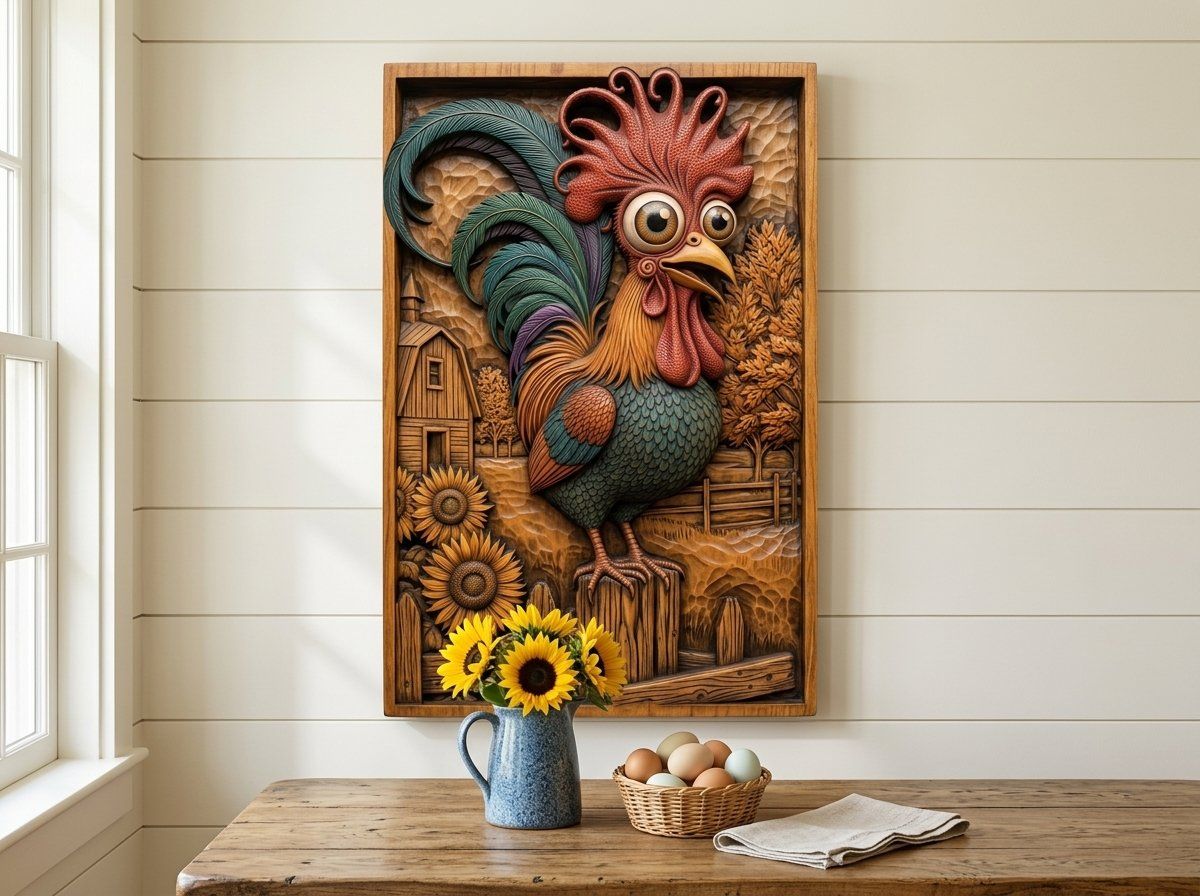 Whimsical Farm Rooster Fence Scene CNC Relief STL bas-relief STL — view 14