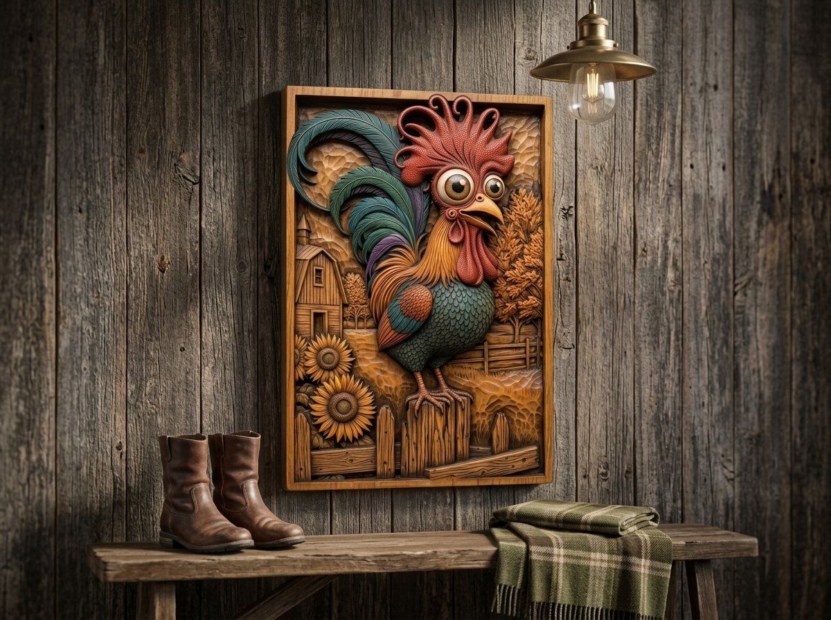 Whimsical Farm Rooster Fence Scene CNC Relief STL bas-relief STL — view 15