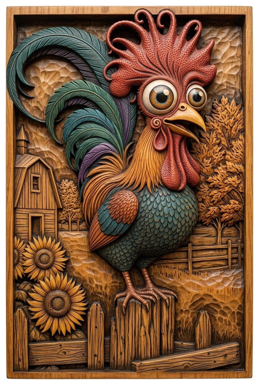 Whimsical Farm Rooster Fence Scene CNC Relief STL bas-relief STL — view 4