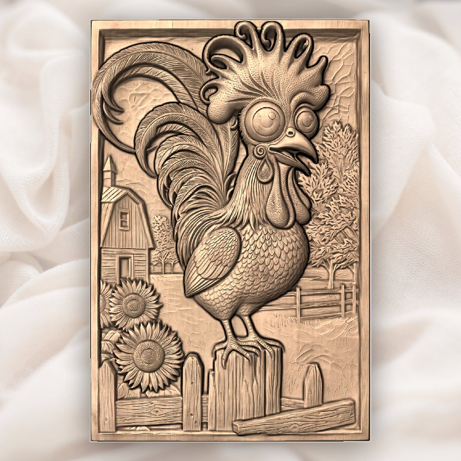 Whimsical Farm Rooster Fence Scene CNC Relief STL bas-relief STL — view 5