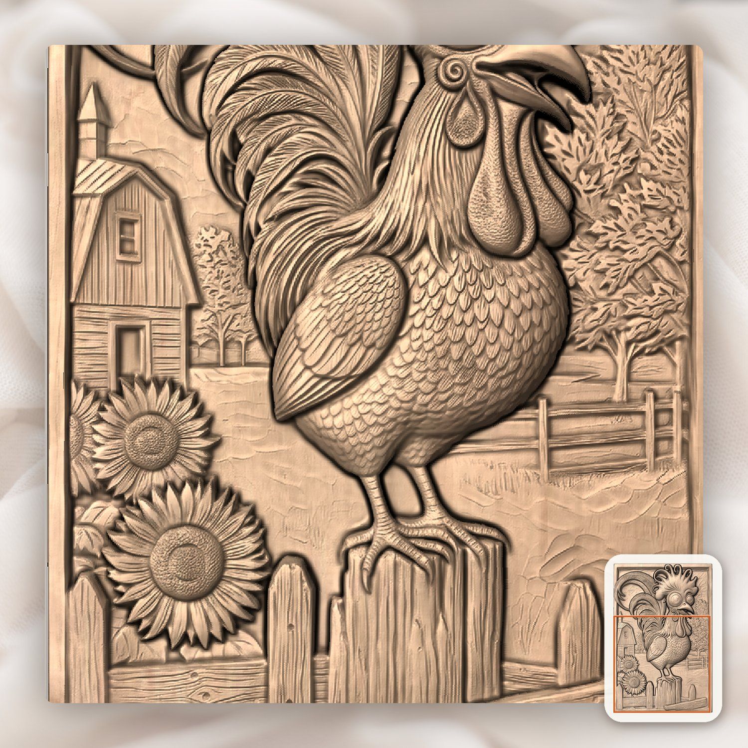 Whimsical Farm Rooster Fence Scene CNC Relief STL bas-relief STL — view 9