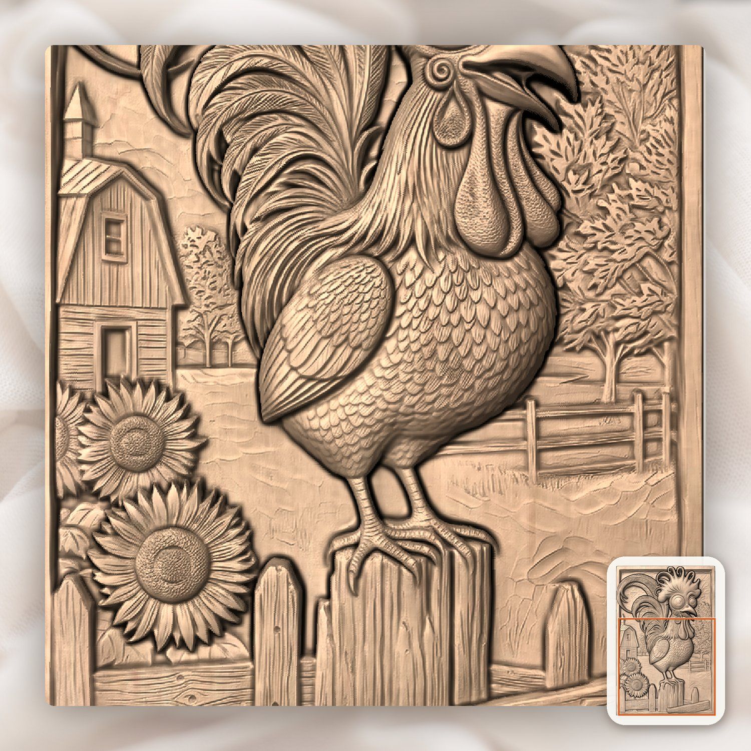 Whimsical Farm Rooster Fence Scene CNC Relief STL bas-relief STL — view 10