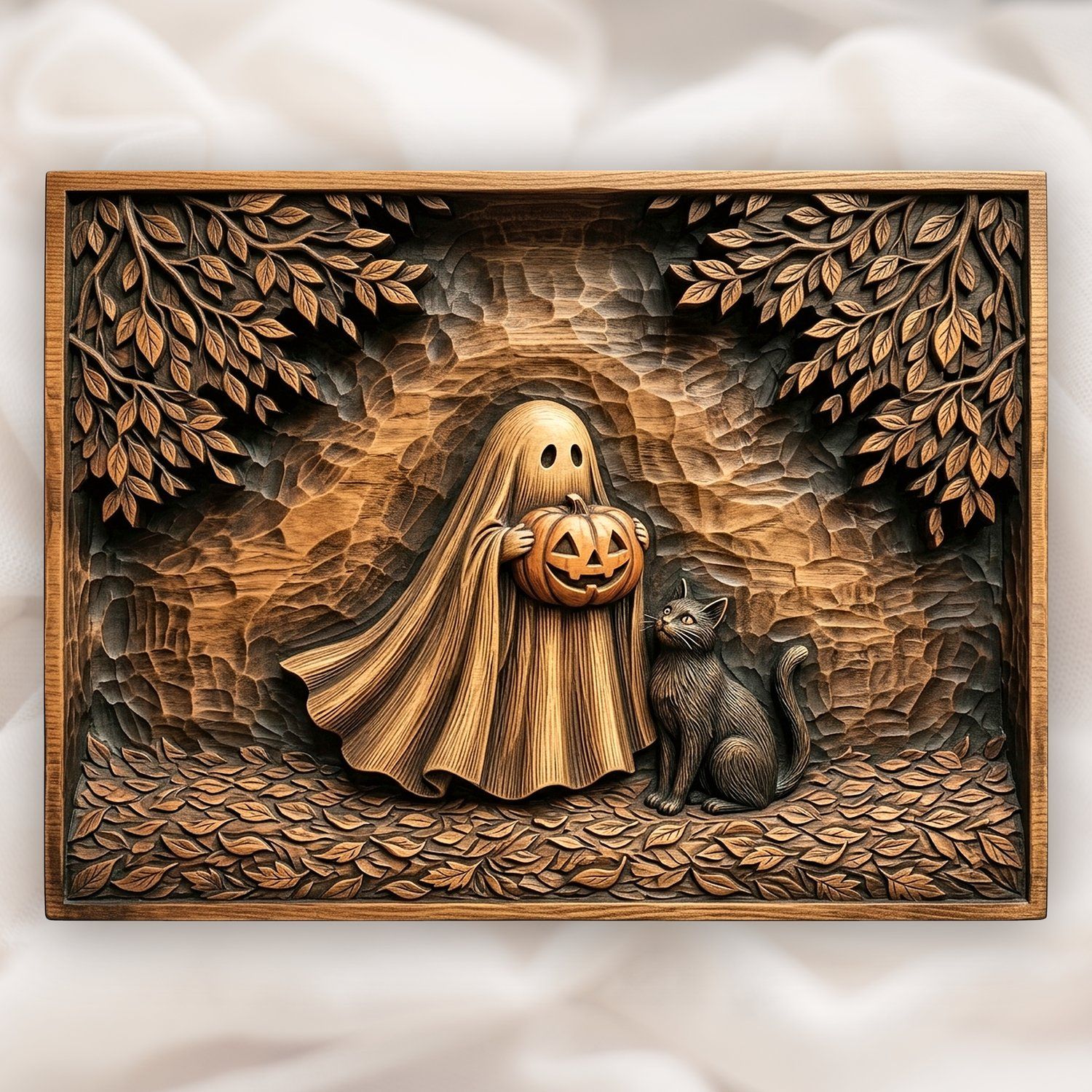 Whimsical Ghost with Pumpkin and Cat CNC Relief STL bas-relief STL design