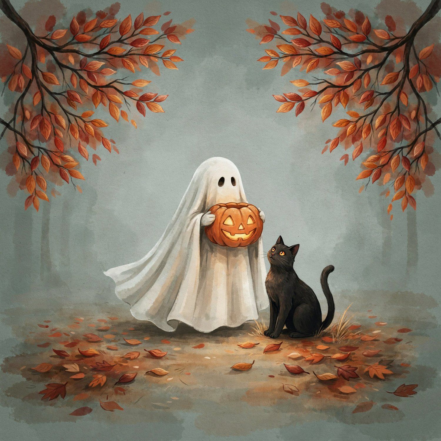Whimsical Ghost with Pumpkin and Cat CNC Relief STL bas-relief STL — view 13
