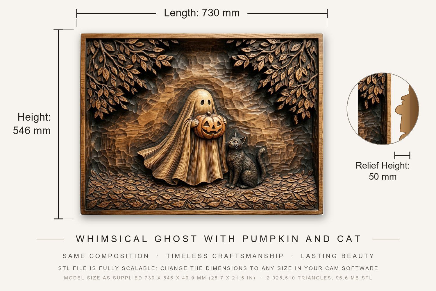 Whimsical Ghost with Pumpkin and Cat CNC Relief STL bas-relief STL — view 3