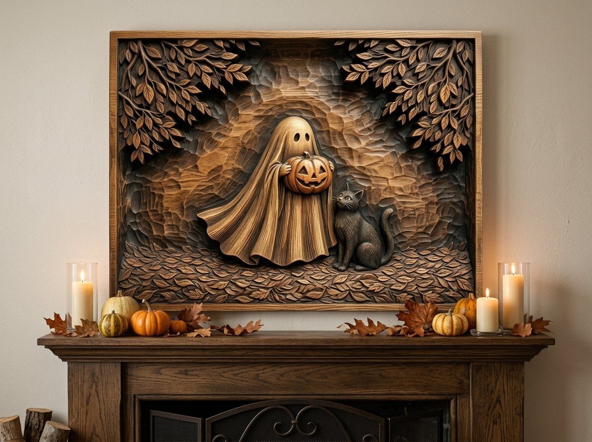 Whimsical Ghost with Pumpkin and Cat CNC Relief STL bas-relief STL — view 14