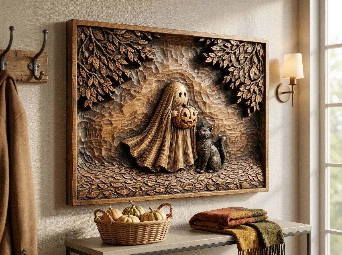 Whimsical Ghost with Pumpkin and Cat CNC Relief STL bas-relief STL — view 15
