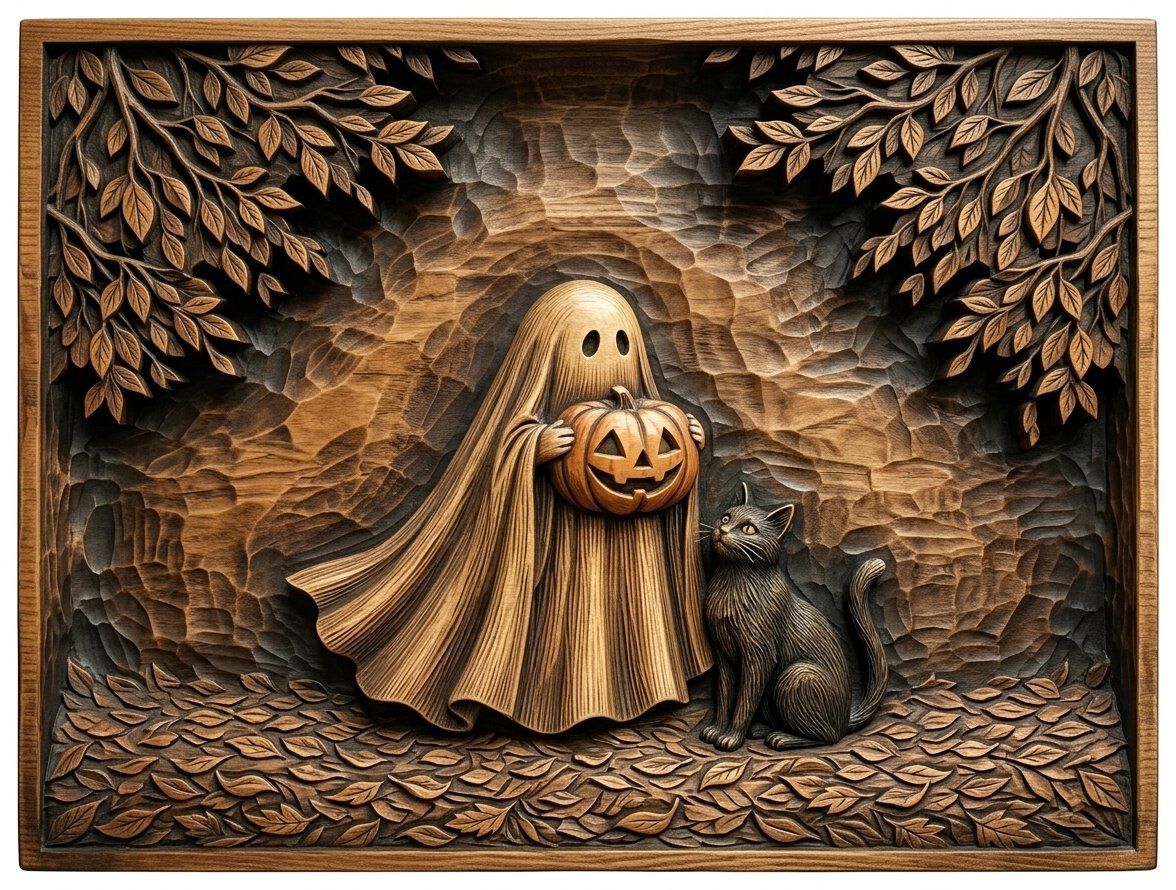 Whimsical Ghost with Pumpkin and Cat CNC Relief STL bas-relief STL — view 4