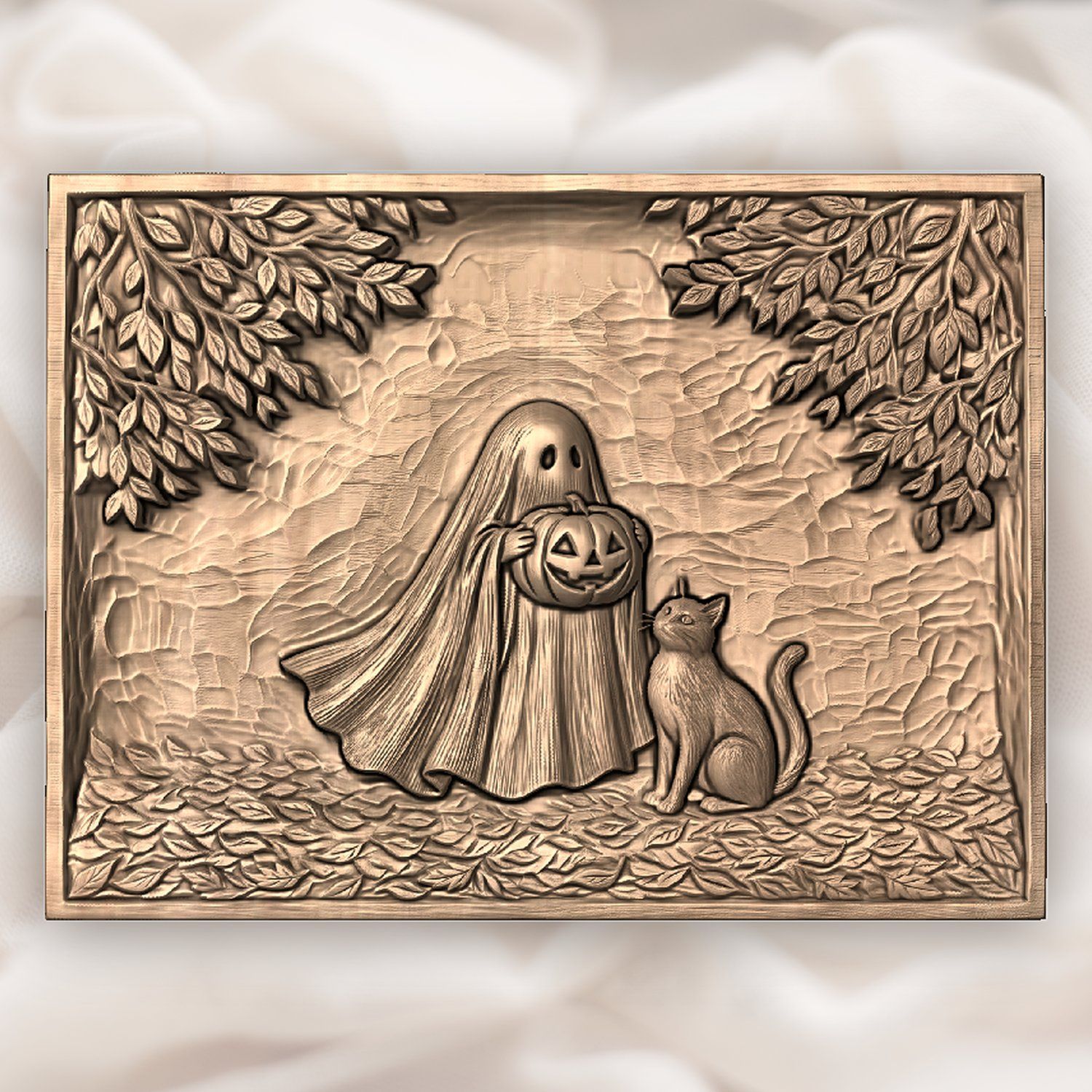 Whimsical Ghost with Pumpkin and Cat CNC Relief STL bas-relief STL — view 5
