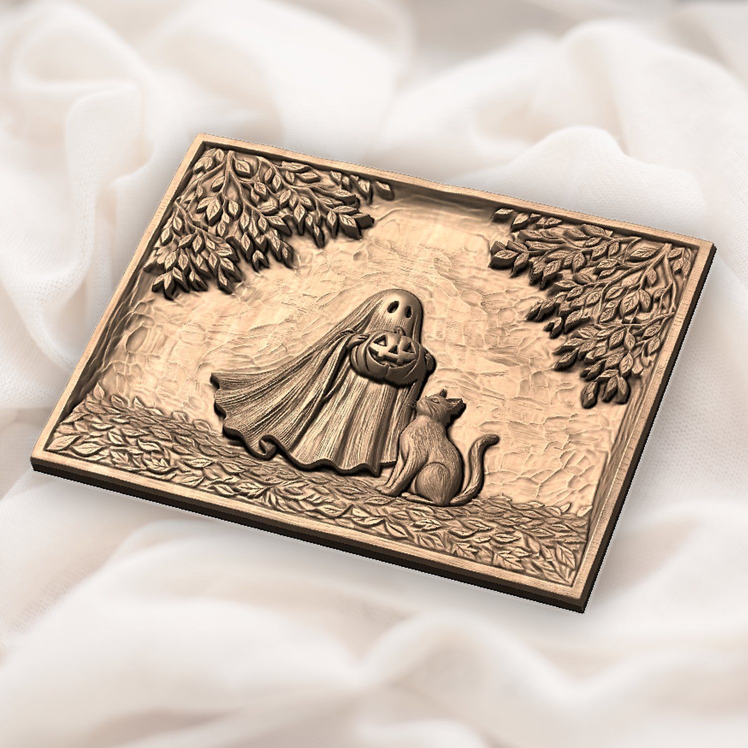 Whimsical Ghost with Pumpkin and Cat CNC Relief STL bas-relief STL — view 6