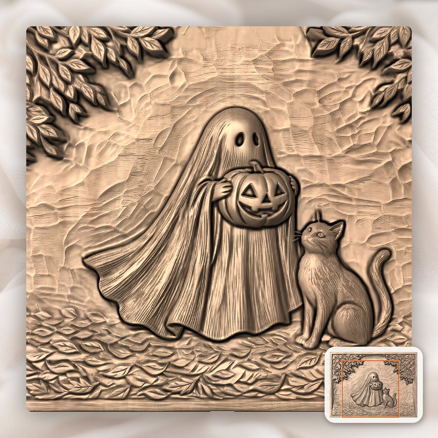 Whimsical Ghost with Pumpkin and Cat CNC Relief STL bas-relief STL — view 7