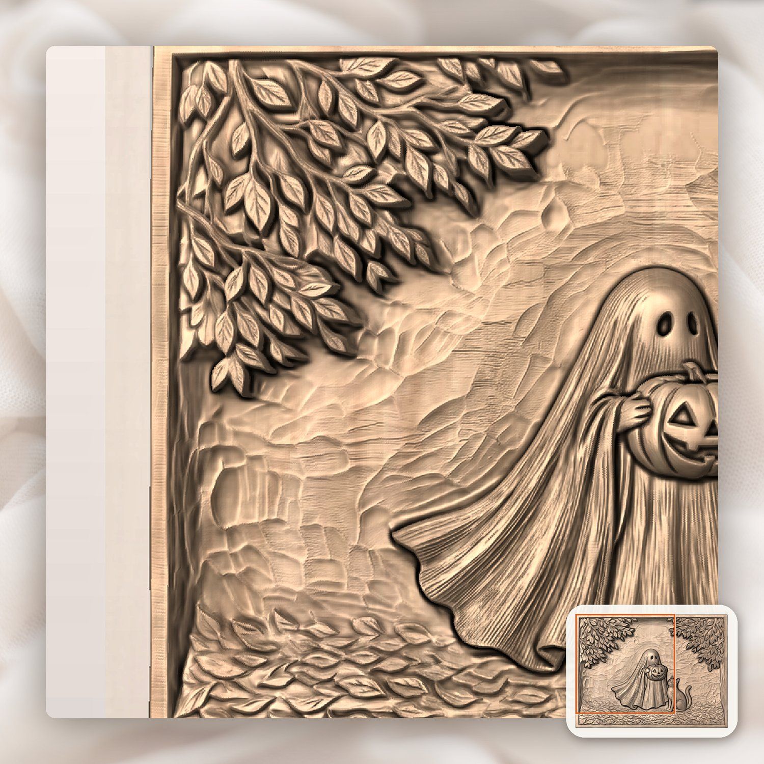 Whimsical Ghost with Pumpkin and Cat CNC Relief STL bas-relief STL — view 8