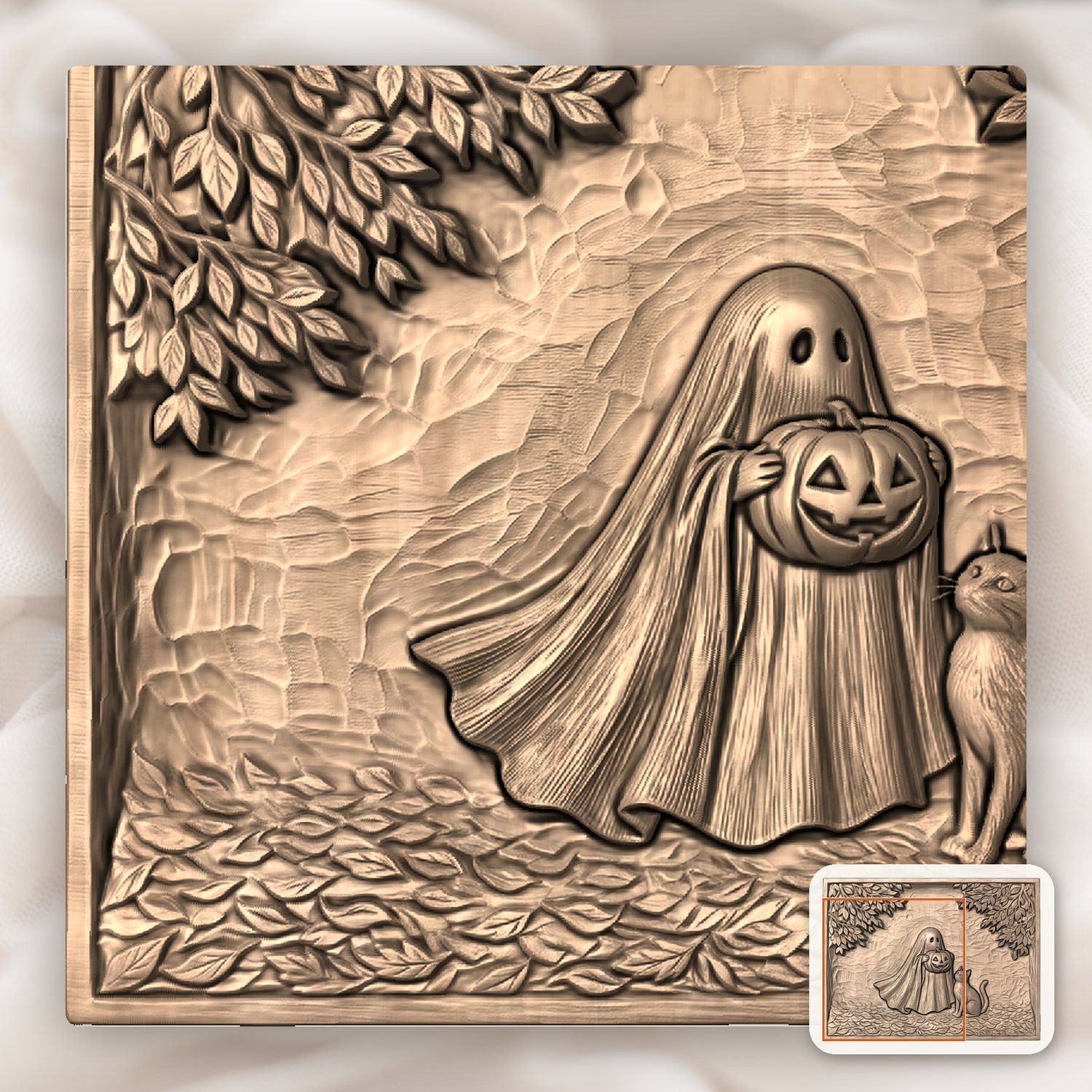 Whimsical Ghost with Pumpkin and Cat CNC Relief STL bas-relief STL — view 9